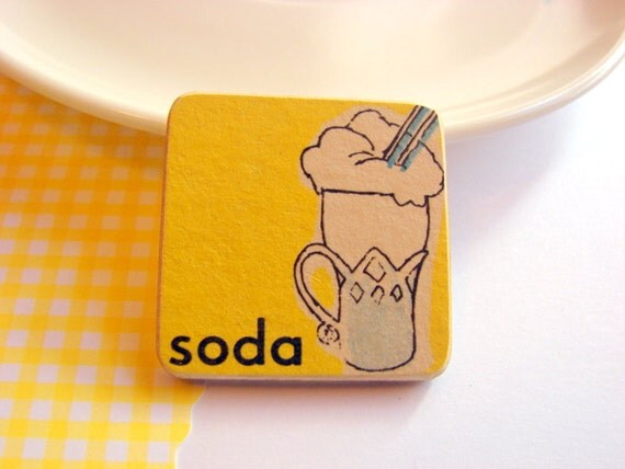 Soda Pin  Medium Paper and Wood Decoupage Brooch  by mimiandlucy