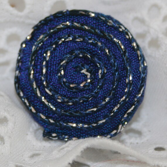 Embroidered Button Brooch  Blue Spiral by Lynwoodcrafts on Etsy