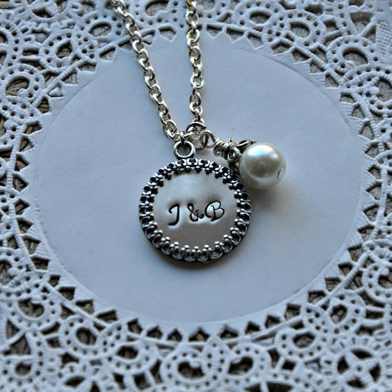 Hand Stamped Initial Necklace - Sterling Silver Frame - Pearl