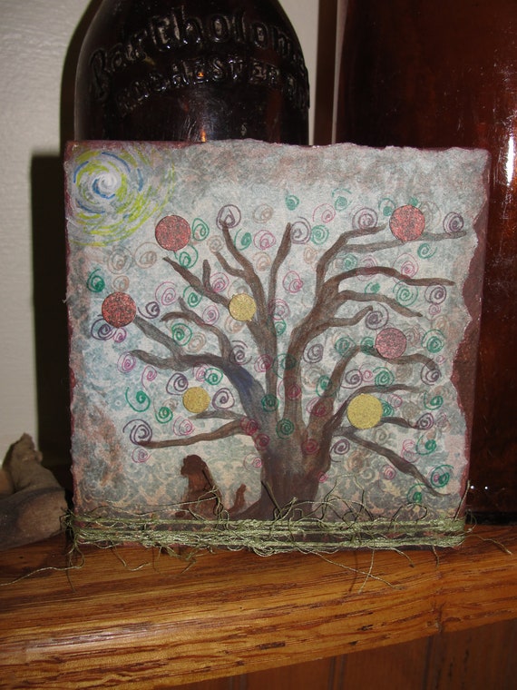 Dog tree mixed media mini canvas painting by EllenBrennemanStudio