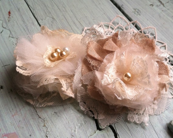 Set of 2, Custom Made Linen Fabric Flowers with Lace and Tulle. Home Decorations, Weddings, Bridal, Embellishments