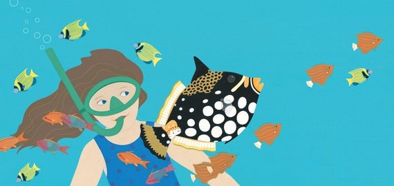 Snorkeling Girl with Clown Triggerfish animal art print by Susan Stockdale