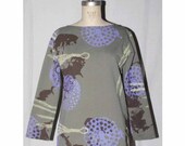 Olive Scoop Neck Sweatshirt Hand Printed with Feathers, Fireworks, and Skulls