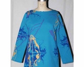 Turquoise Scoop Neck Sweatshirt Hand Printed with Boar Skulls, Tie Dye, and Bell Flowers