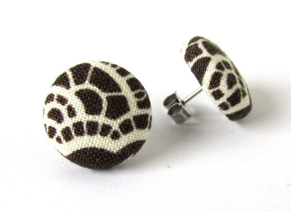 Dark brown stud earrings post beige lace fall by KooKooCraft