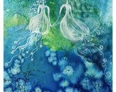 Sisters - Art Print blue mermaid jellyfish sea fairy sister love nymph ocean fairies magic gown watercolor painting Oladesign 11x14