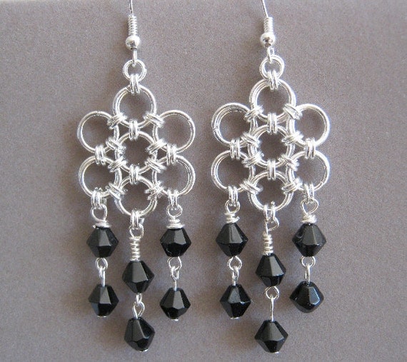 Daring Silver Plated and Black Glass Bead Chainmaille Earrings