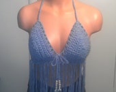 Sexy Faded Denim Blue Hippie Halter Top with Fringes and Beads and Shells