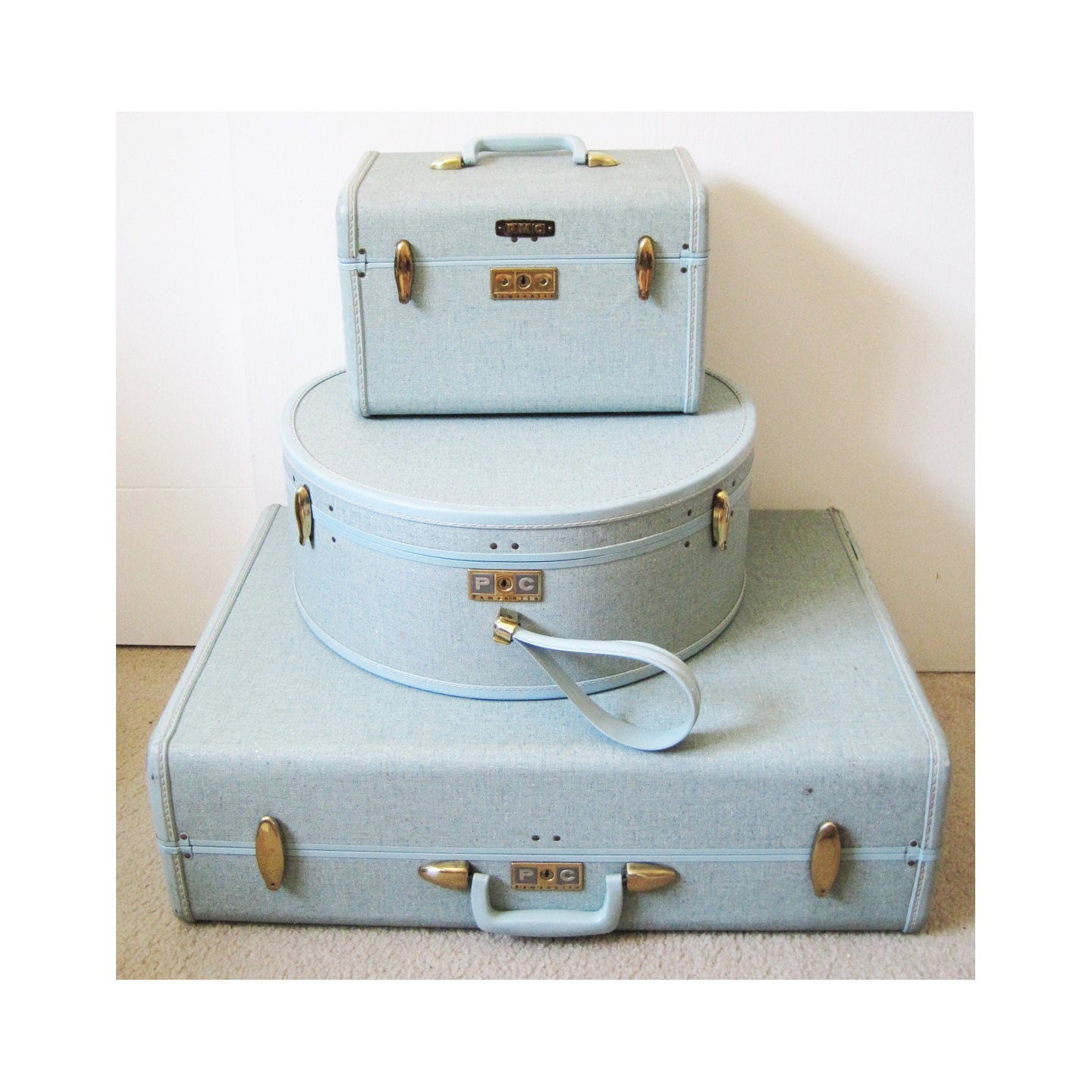 light blue 1960's vintage Samsonite luggage set suitcase hat box and ...