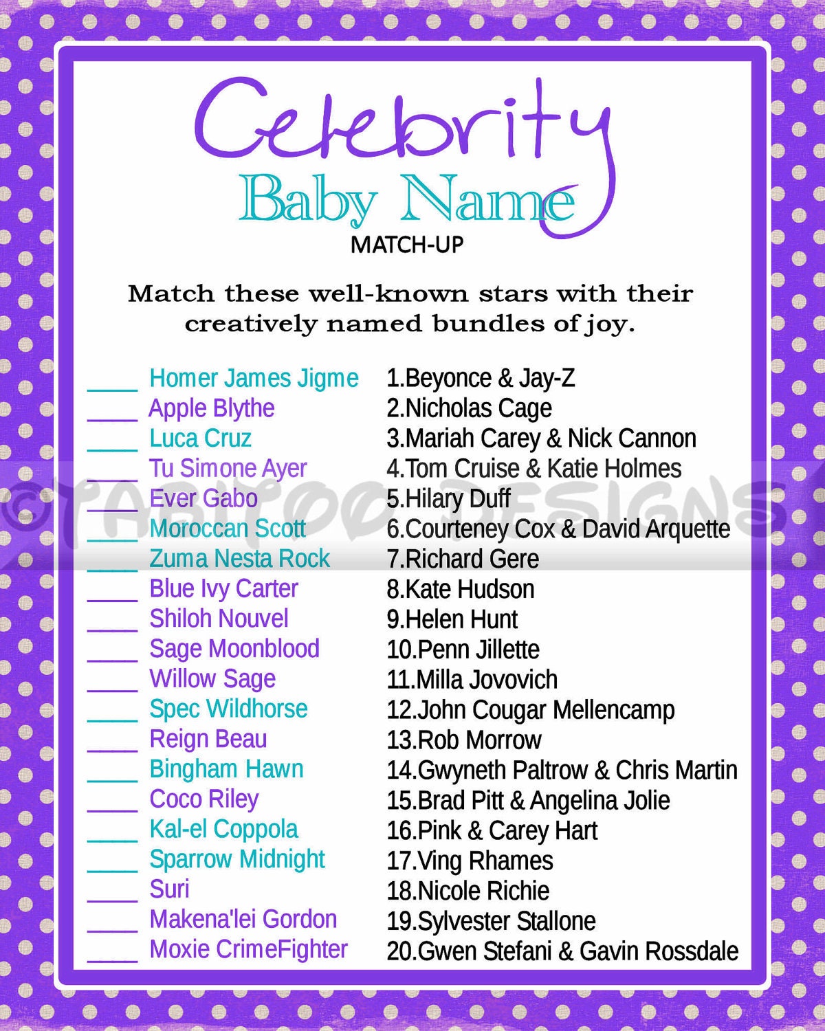 It is a picture of Celebrity Baby Name Game Printable within baby shower It is an image of Celebrity Baby Name Game Printable within baby shower