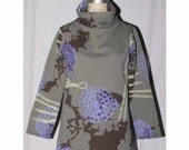 Olive Turtle Neck Sweatshirt Hand Printed with Feathers, Fireworks, and Skulls