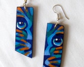 Striped Tiger Earrings - hand-painted blue & orange on wood with sterling silver wire