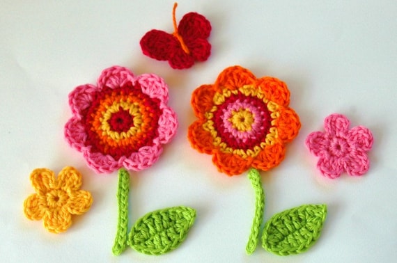 Crochet Flowers with leaves, butterfly and stem -  Crochet Garden Series