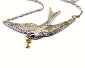 Neo Victorian Swallow Necklace - Beautiful Soaring Bird Design with tiny Golden Skeleton Key - Steampunk Jewelry PROMPTLY SHIPPED