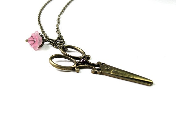 Pink Swarovski Vintage Syle Scissor Necklace by jewelrybyNaLa