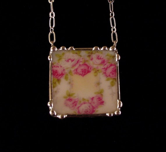 Broken china jewelry necklace antique ornate rose china made from a broken porcelain plate