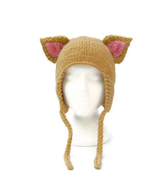 Cat ear hat knit animal hats ear flap beanie camel brown by jarg0n