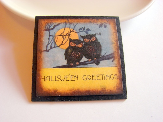 Halloween Greetings Pin  Two Owls on a Branch  by mimiandlucy