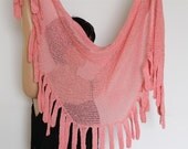 Pink Wraparound Shawl, Pink Fringe Scarf, Hand Knit Scarf