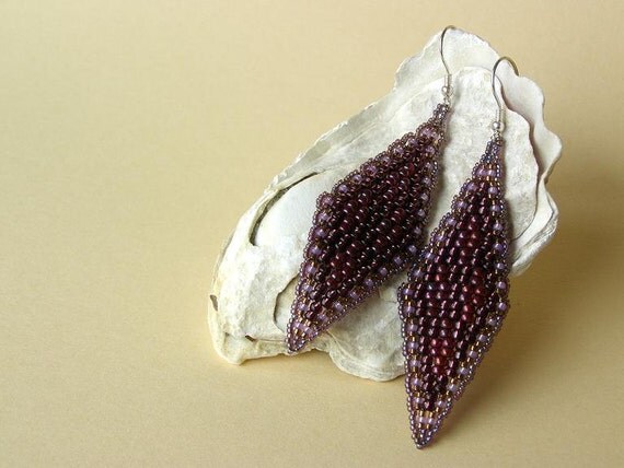 Earrings in Amethyst and Purple Tones, Handbeaded Bohemian Diamond Shaped Dangles