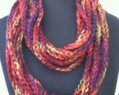 Free US Shipping: Multi colored Infinity Crocheted Rope Chain Necklace/Scarf with a brown band