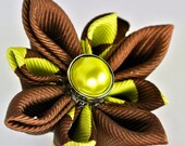 Brown and lime green grosgrain ribbon kanzashi fabric flower clip