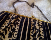 Black and Tan Vintage Brocade Clutch Purse with Organic Motif and Chain Handle