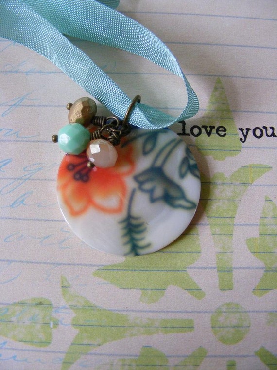 Floral Painted Shell Pendant with Bead Drop by meiguidesigns