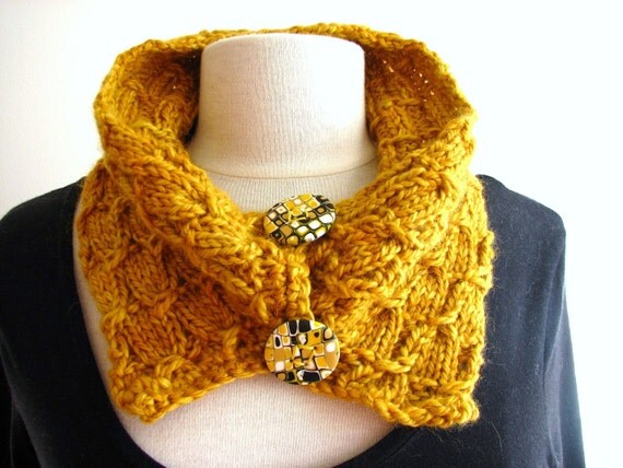 Honey Gold knit scarf chunky textured button cowl by SixSkeins