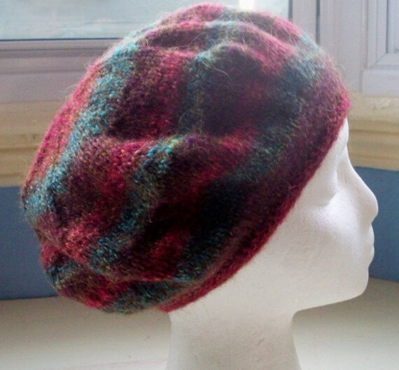 Classic beret hand knitted dark red green by SpinningStreak