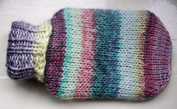 Fun hot water bottle and hand knitted knit cozy by SpinningStreak