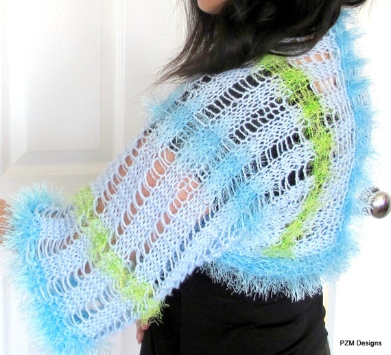 Knit sweater shrug baby blue and lime color block by pzmdesigns