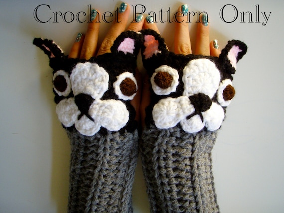 Crochet French Bulldog Fingerless Gloves Pattern PDF