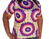 Bohemian Top Womens Shirt Purple Flower Ladies Bold Print Medium