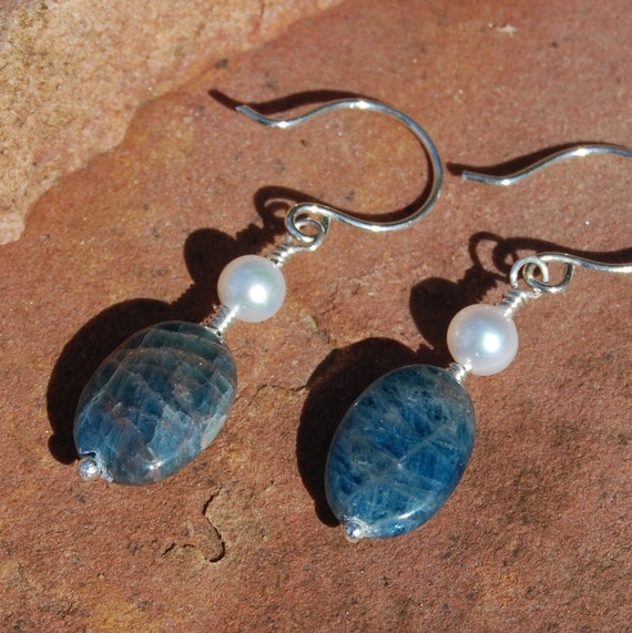 Apatite Pearl EarringsTeal Blue Handcrafted Sterling Silver Link Earrings
