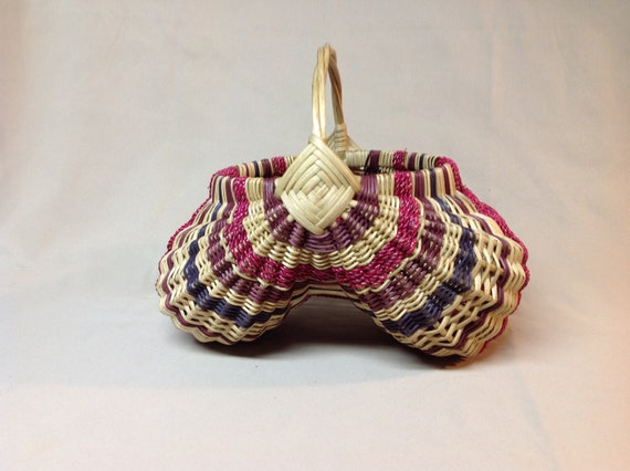 Hand Woven Egg Basket with Twisted Reed Handle, Pink with a bit of Tan and Purples