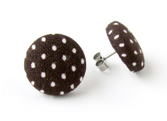 Dark brown stud earrings  tiny small white polka by KooKooCraft