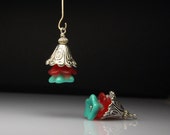 Vintage Style Bead Dangles Antiqued Silver Red and Turquoise Flowers Pair R24