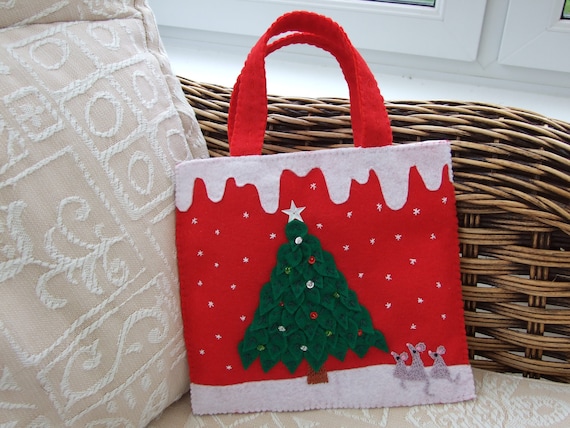 Small Red Felt  Bag with Christmas Tree and by sweetheartsandroses