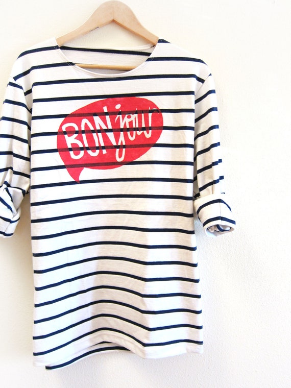Navy and Cream Sailor Stripe HAND STENCILED Striped Word Bubble Slouchy Bonjour Tunic Sweatshirt - S M L XL