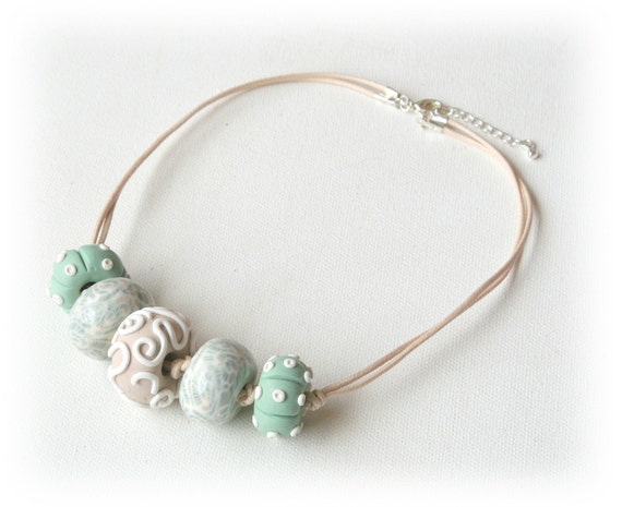 Beige White Green Oblate Necklace  by Lottieoflondon #craftfest