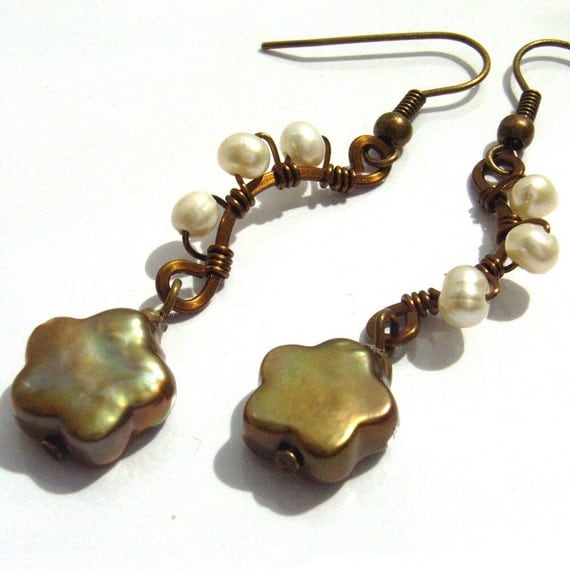 Pearl earrings flower bronze wire wrapped by BlueForestJewellery