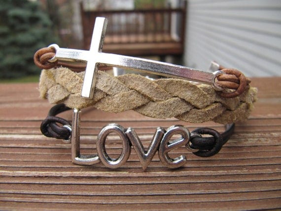 Silver Love and  Cross Brown Leather Charm Wrap Bracelet