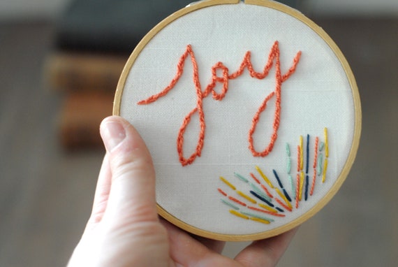 Joy: Embroidery Hoop Art, Ivory, Coral, Navy, Mint, and Mustard. Inspirational. 4"