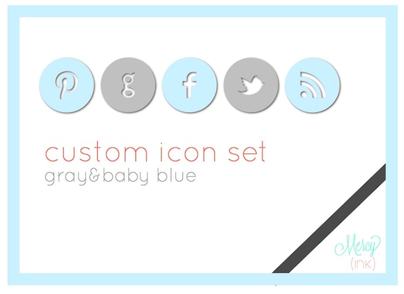 BLUE & GRAY Custom Social Media Icons - Blogs or Websites -