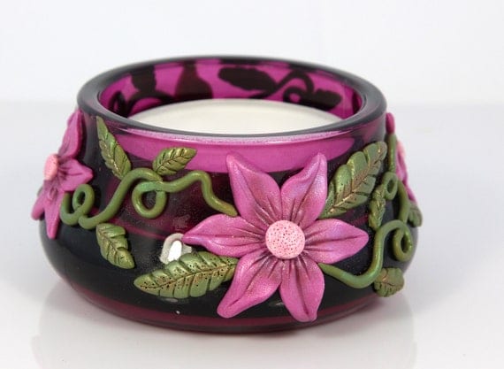 Candle Holder -burgandy with pink flowers