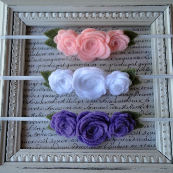 SET of 3 Felt Flower Headbands - Choose your colors and size - Skinny Elastic, Leaves, Roses