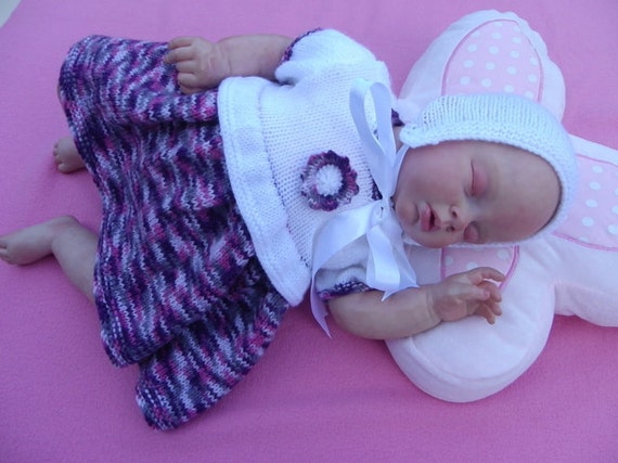 Hand knitted baby dress and bonnet by Knittingtopia on Etsy