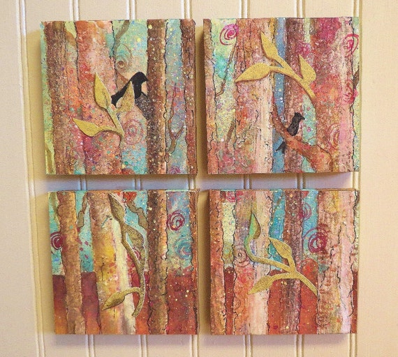 Forest birds autumn mini canvas mixed by EllenBrennemanStudio