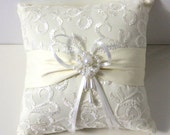 Ivory Ring Bearer Pillow - Ivory Embroidered Lace Ring Pillow - Ivory Lace Bridal Pillow - Wedding Pillow in Ivory with Lace & Pearl